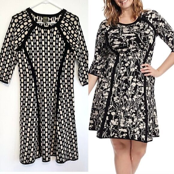 TAYLOR Cream Beige Black Geo Geometric 3/4 Sleeve Knit Fit & Flare Sweater Dress - Picture 1 of 12